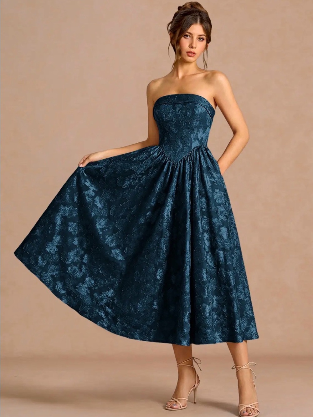 Azazie Strapless Jacquard Tea-Length Dress in Navy